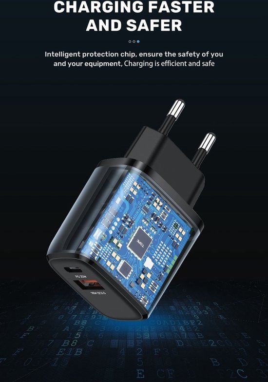 DrPhone HALO-N2 - 20W Oplader met USB-C PD + QC 3.0 USB Lader - 80% - 35 minuten - Stekker Voor Smartphone / Tablet - Zwart van DrPhone — afbeelding 3