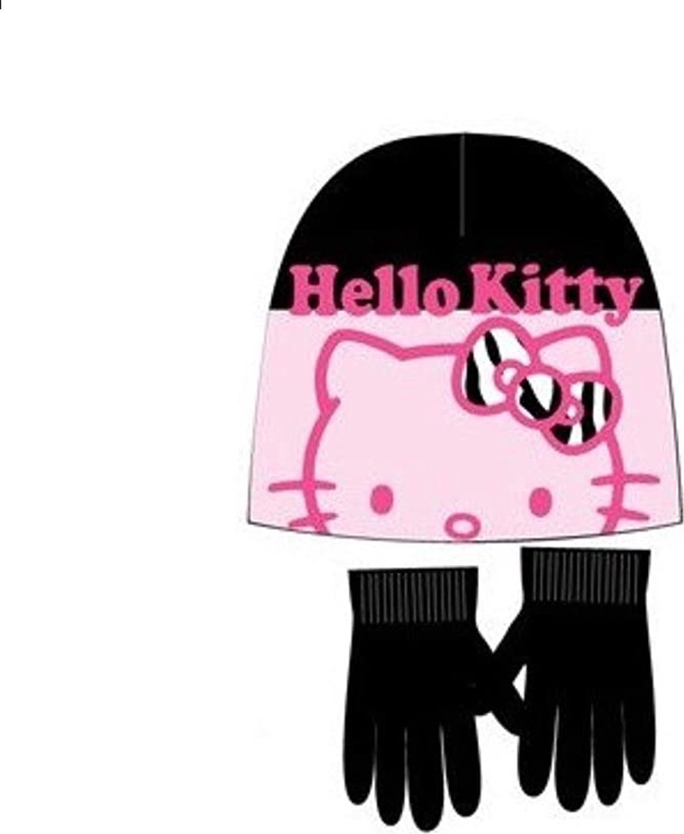 Hello Kitty | Winterset | 2-delig | Muts & Handschoenen | Zwart & Roze | 52 cm