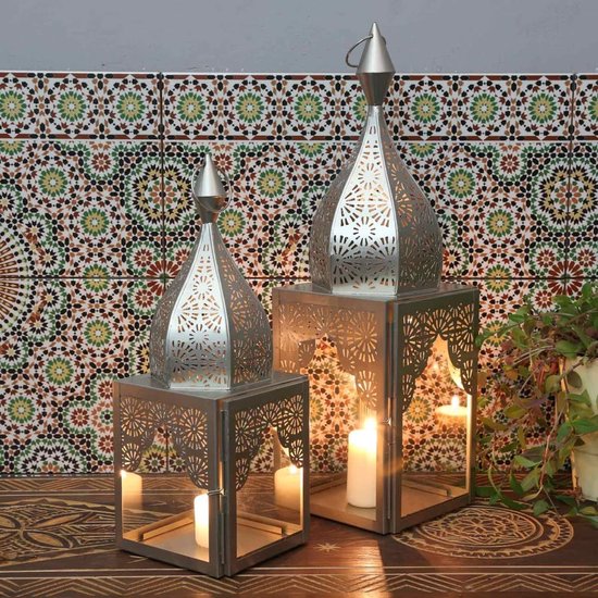 Oosters windlicht Modena Zilver Set van 2 minaretten vorm | Marokkaanse glazen lantaarn als uit 1001 nacht