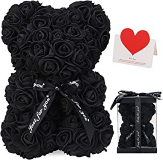 RNZV - Rozen Teddy Beer 25 cm - Rose Bear - Rose Teddy - Liefde - Moederdag - Verjaardag - Valentijn Cadeau - Valentijnsdag - anniversary - ZWART - Inclusief Luxe Kadobox!