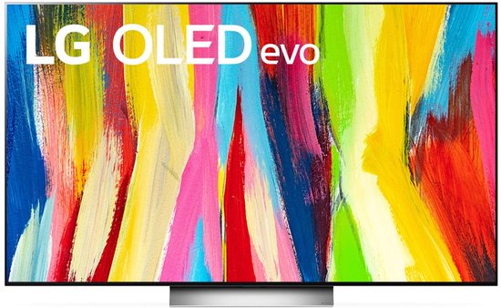 LG OLED evo TV met een kleurrijk, abstracte print.