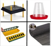 Comfort warmteplaat 25x25cm + drinkbak 600ml + voerbak + antispreidpoten matje | (dwergkippen, jumbo japanse kwartels, chinese dwergkwartels, patrijzen enz)