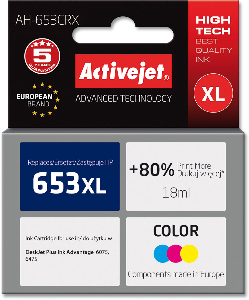 Activejet AH-653CRX inkt voor HP printers; Vervanging HP 653XL 3YM74AE; Premium; 320 pagina's; kleur