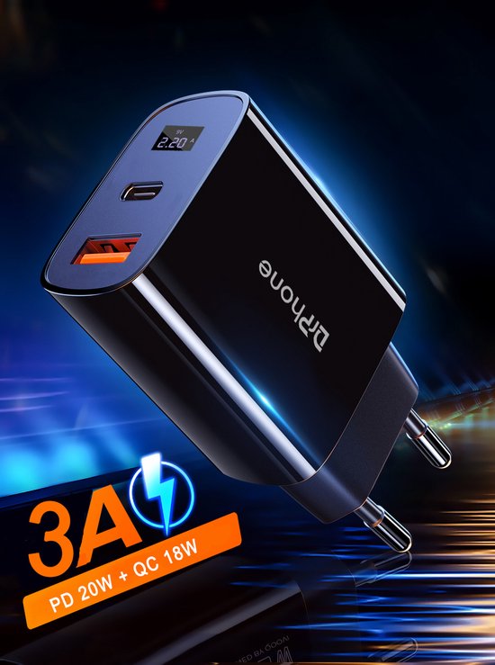 DrPhone HALO-N1 - Dubbele Snellader - 18W PD USB-C + 18W QC 4.0 USB Oplader met Digitale Display Led - Geschikt voor Smartphone / Tablet - Zwart van DrPhone — afbeelding 3