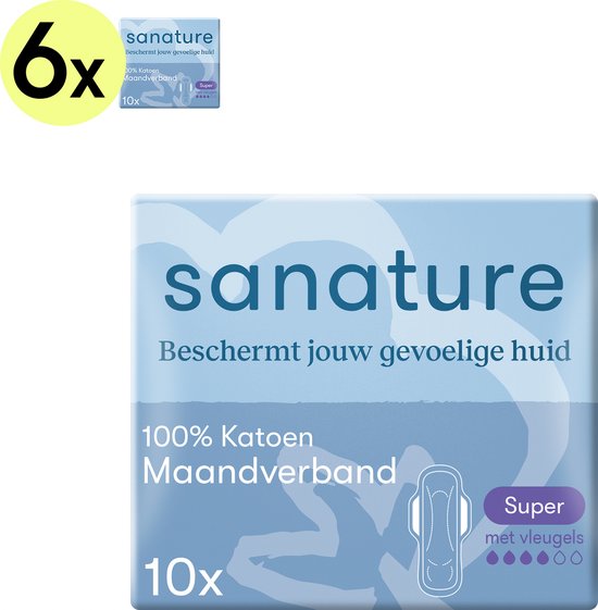 Sanature 100% katoenen - Maandverband Super - 6 x 10 stuks - Natuurlijk & voor de gevoelige huid