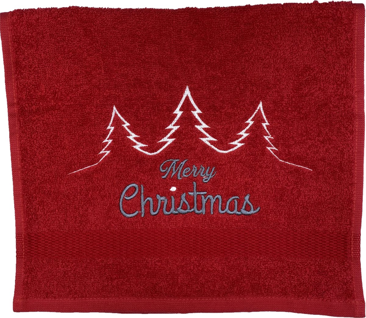 Gastendoekje - Kerst - Rood - Merry Christmas Trees - Geborduurd