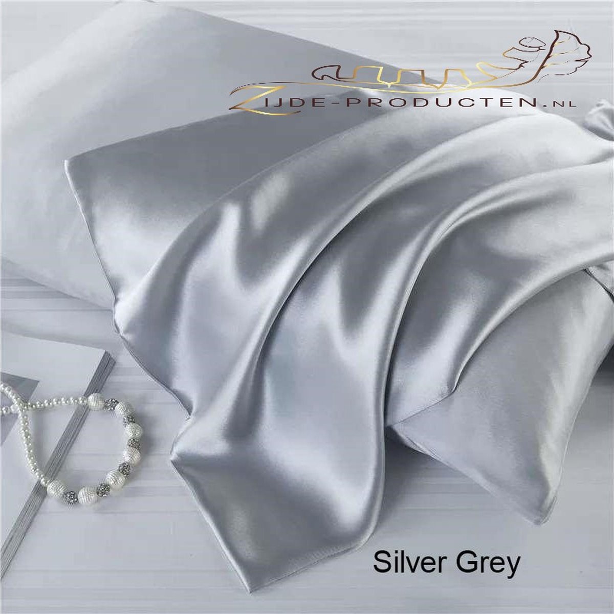Zijden kussensloop, 100% moerbei zijde, kwaliteit 19 Momme. Kleur zilver/grijs, maat 60x70 cm.