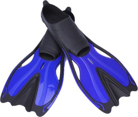 Paire de palmes bleues et noires à talon fermé, sur fond blanc.