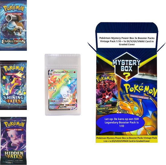 Thumbnail van een extra afbeelding van het spel Pokémon Mystery Power Box 3x Booster Packs Vintage Pack 1:10 + 1x EX/V/GX/VMAX Card in Graded Cover