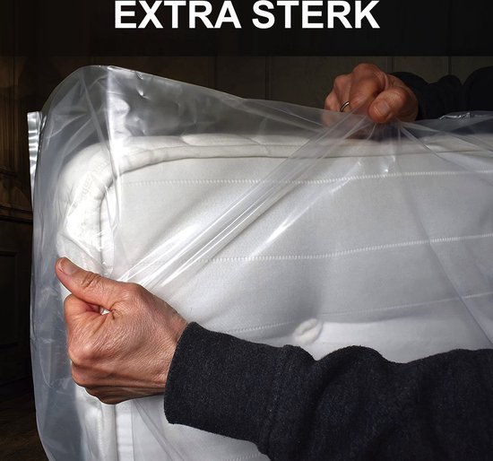 Handen sluiten een matrashoes, met tekst "EXTRA STERK".