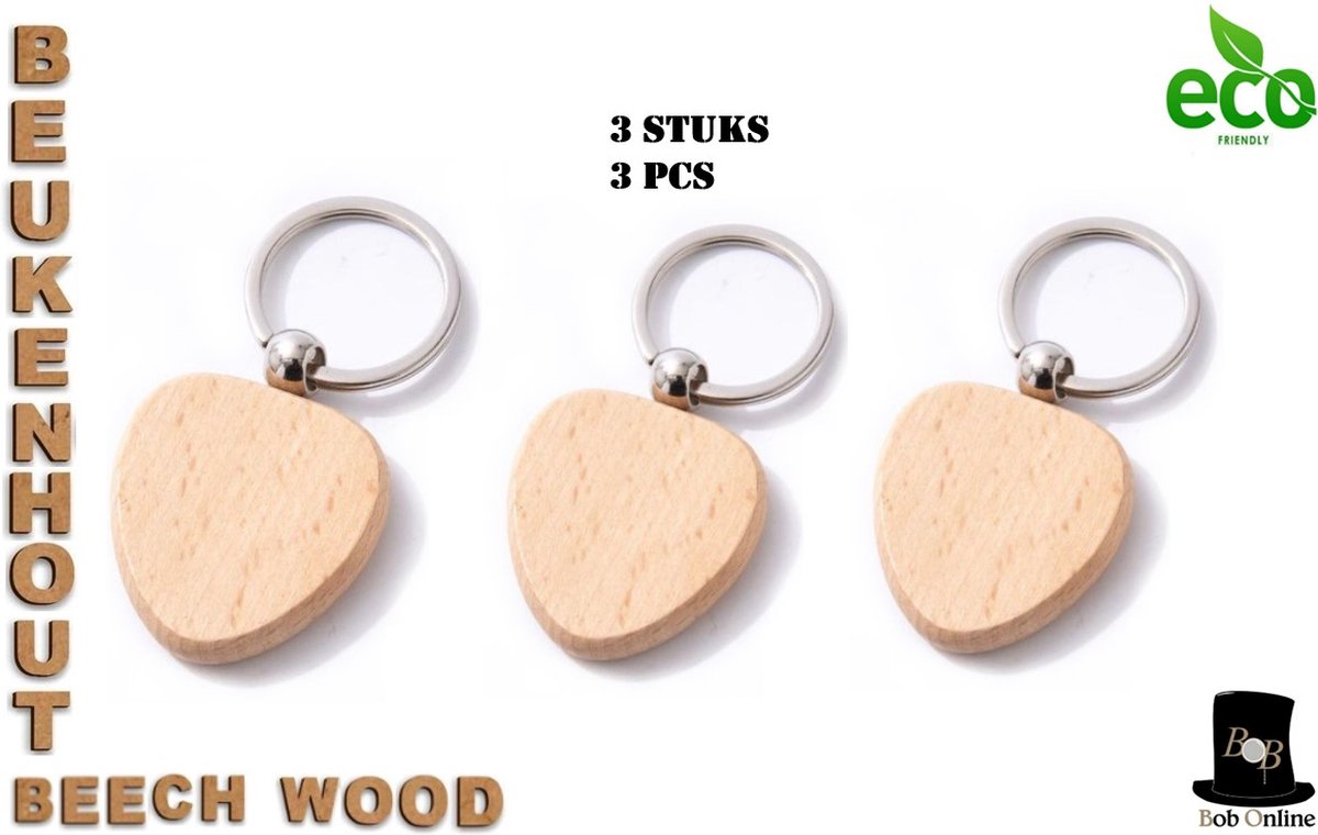 Bob Online ™ - 3 Stuks – Houten Hart Sleutelhangers – Beukenhout Sleutelhangers – Wooden Heart Keyrings – Sleutelhangers – Duurzaam sleutelhangers – Houten sleutelhangers – Hart Vorm Sleutelhangers – Heart Shaped Keyrings