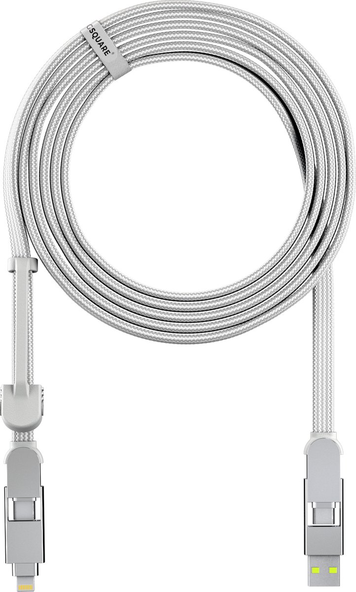 Rolling Square inCharge XL 6-in-1 Snellaadkabel 3 Meter - USB-C, Micro USB & Lightning Oplaadkabel voor iPhone, iPad & Android - Wit