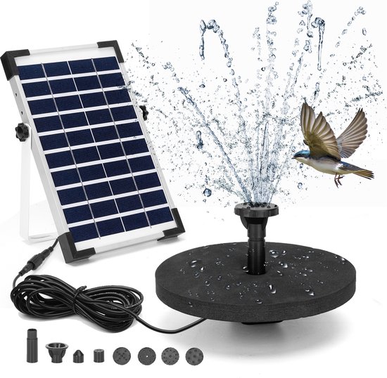 Nobleza Solar Fontein op Zonne Energie - 5W - met 6 opzetstukken Waterfontein - Fonteinpomp voor Tuin / Vijver / Zwembad / Vogel bad - Milieuvriendelijke Fontijn - 175L/h