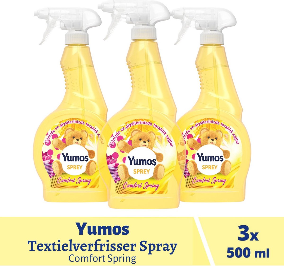 Yumos Textielverfrisser Comfort Spring 3x 500ml, textielspray verwijdert geuren en laat een frisse geur achter