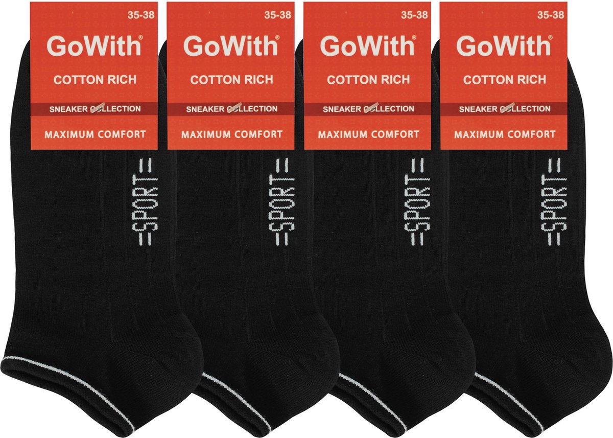 GoWith - katoen sokken - sportsokken - 4 paar - enkelsokken - sneakersokken dames - kleur zwart - maat 39-42