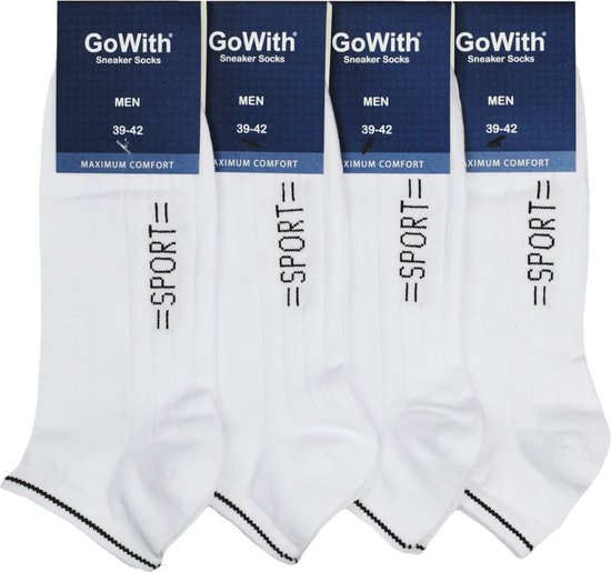 GoWith - katoen sokken - sportsokken - 4 paar - enkelsokken - sneaker sokken - heren sokken - kleur wit - maat 43-46