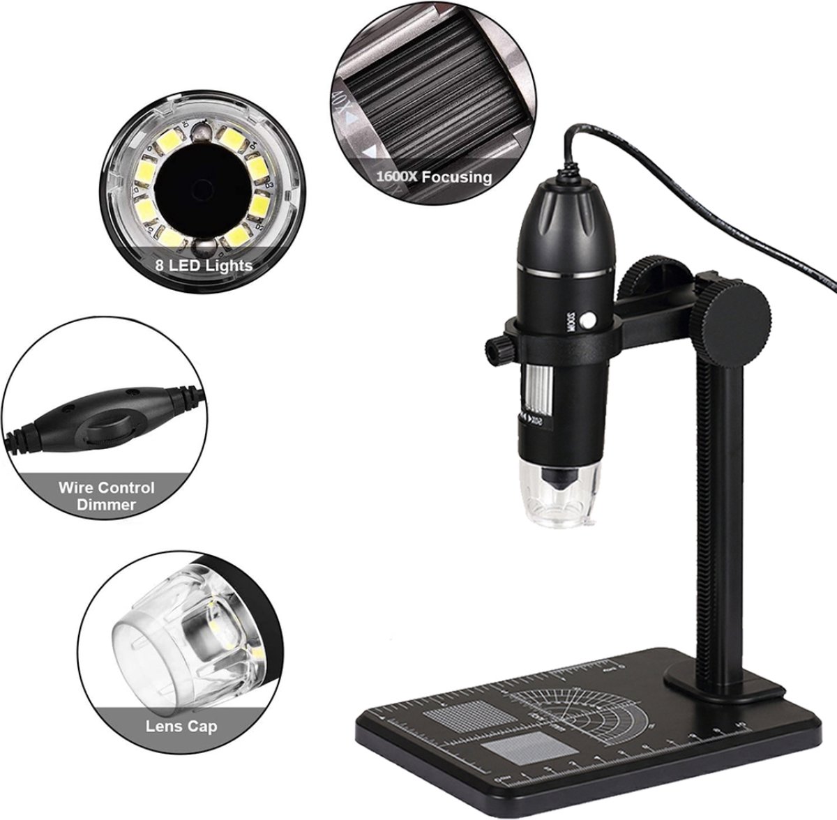 PiProducts Microscoop - Digitale Microscoop - 50-1600X Zoom - Met 8x Led lichten - Elektronische Digitale Usb Microscoop - Zwart
