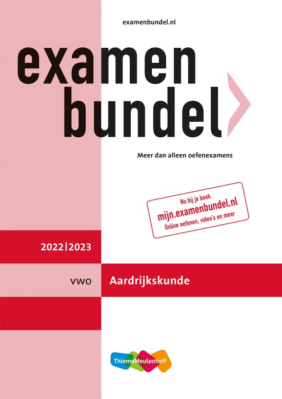 Examenbundel vwo Aardrijkskunde 2022/2023. Met "examen bundel" in grote letters. Bevat oefenexamens, online oefenen, video's en meer. ThiemeMeulenhoff.