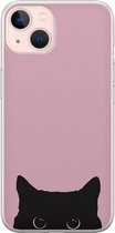 Hoesje geschikt voor iPhone 13 - Zwarte kat - Soft Case - TPU - Print - Roze - Mooie Telefoonhoesjes