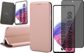 Hoesje geschikt voor Samsung Galaxy A53 - Book Case Lederen Wallet Cover Minimalistisch Pasjeshouder Hoes Roségoud - Tempered Glass Privacy Screenprotector