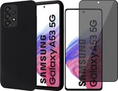 Hoesje geschikt voor Samsung Galaxy A53 - Matte Back Cover Microvezel Siliconen Case Hoes Zwart - Tempered Glass Privacy Screenprotector
