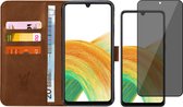 Hoesje geschikt voor Samsung Galaxy A33 - Book Case Leer Wallet Cover Portemonnee Pasjeshouder Hoes Bruin - Tempered Glass Privacy Screenprotector