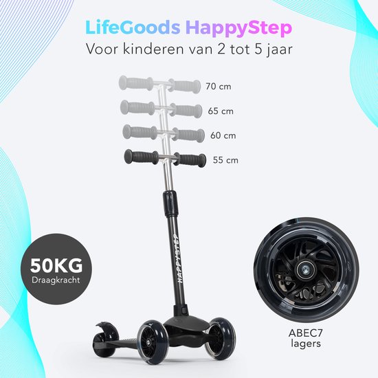 LifeGoods Kinderstep - Step 2-5 Jaar - 3 Lichtgevende LED Wielen - Hoogte Verstelbaar - Jongens/Meisjes - Zwart