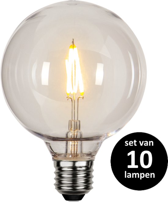 Grande ampoule sphérique transparente avec filaments visibles, culot E27. "set van 10 lampen" dans un label noir circulaire.