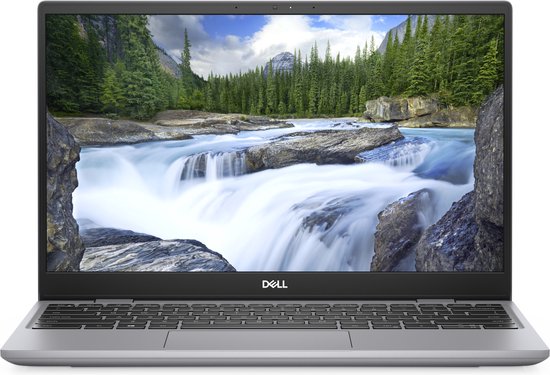 Zilveren Dell Latitude laptop, van voren gezien, scherm toont waterval en boslandschap.