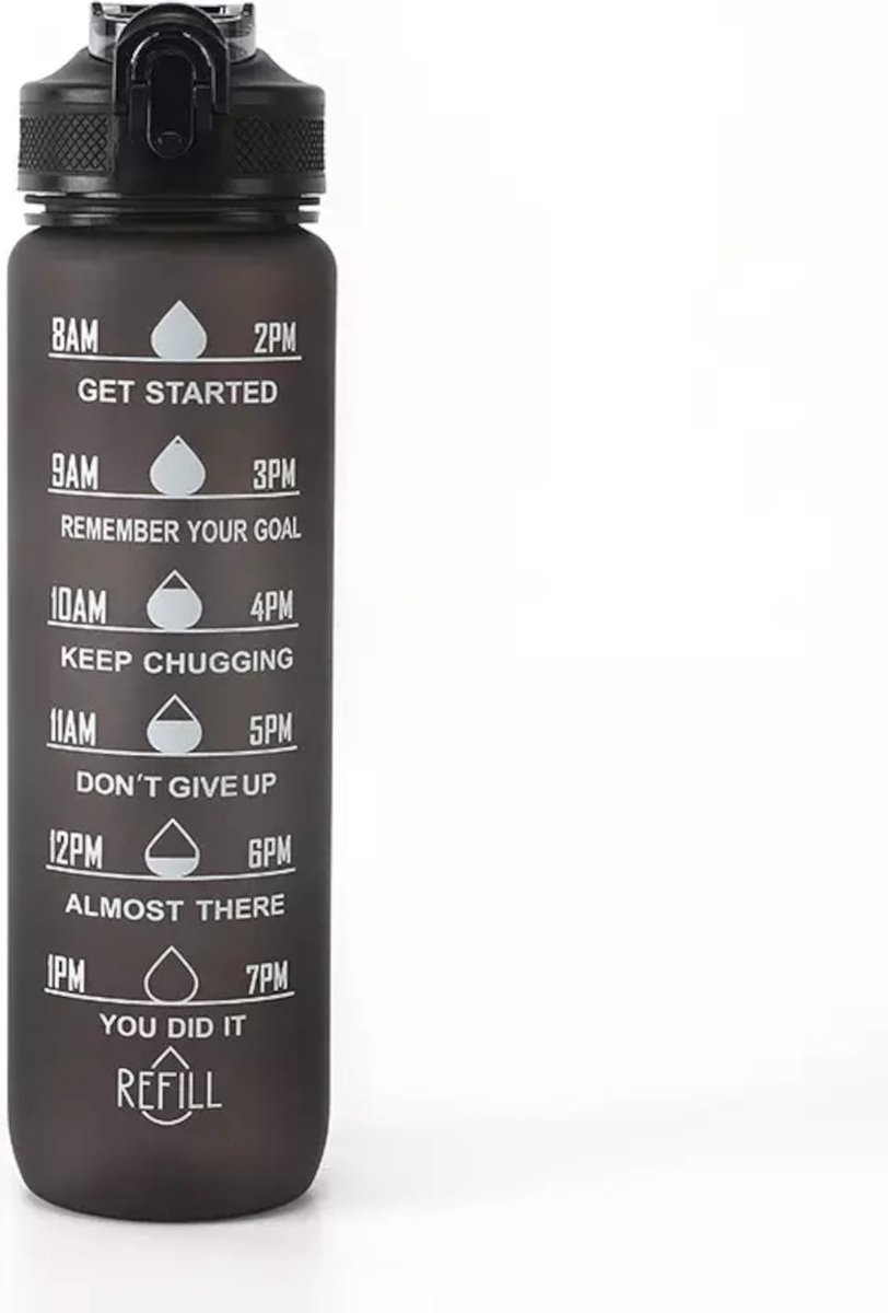 Afecto motivatie drinkfles grijs - Waterfles plus Tijdmarkeringen - Drinkfles - 1 Liter - BPA vrij - grijs - hoeveel drink jij?