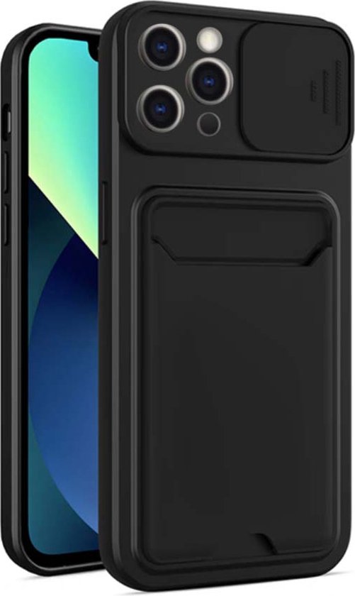 Smartphonica iPhone 13 Pro Max TPU Cover Case Hoesje met Camera Slide en Pashouder - Zwart geschikt voor iPhone 13 Pro Max