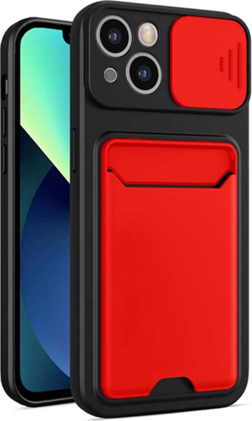 Smartphonica iPhone 13 TPU Cover Case Hoesje met Camera Slide en Pashouder - Rood geschikt voor iPhone 13