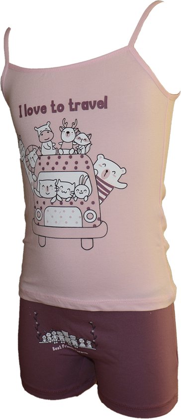 VANILLA - Ensemble sous-vêtement fille, chemise et caleçon fille - Coton égyptien - Rose/Vert - 6/7 ans - 4562