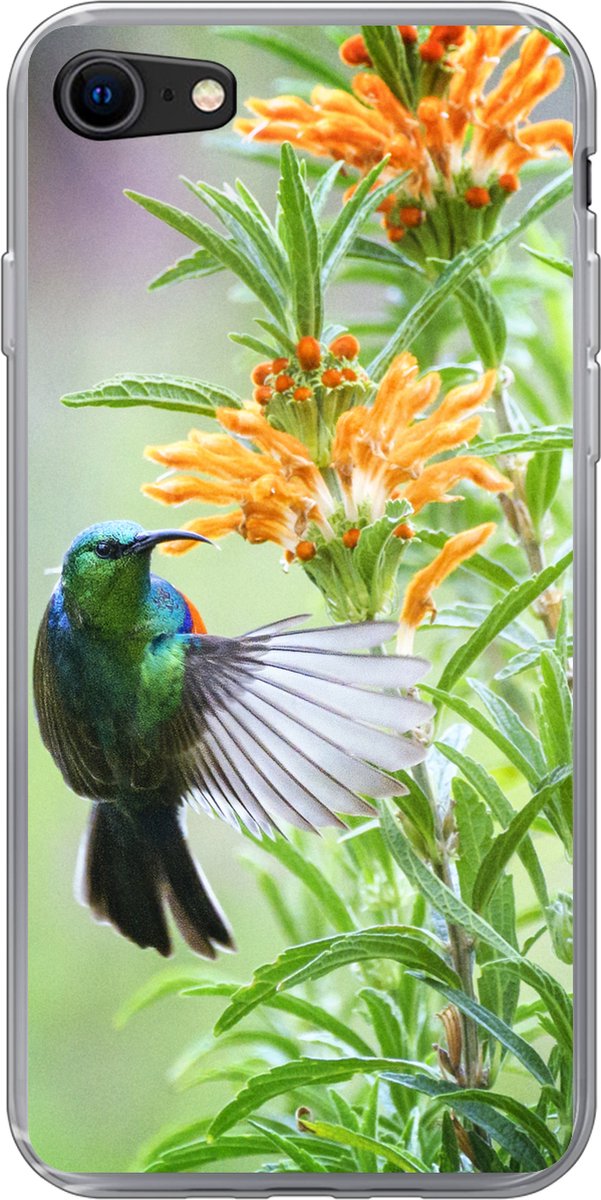 Telefoonhoesje Geschikt voor iPhone SE 2022 hoesje - Close-up van een kleurrijke vogel naast planten met oranje bloemen - Siliconen Telefoonhoesje Telefoonhoesje