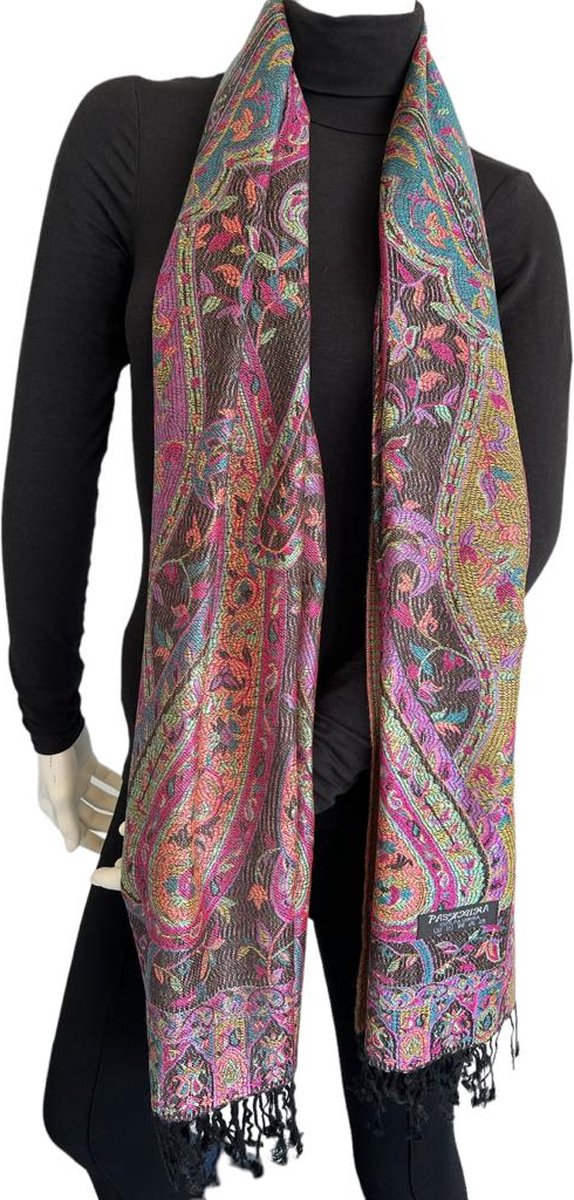 Pashmina Sjaal- Fashion Sjawl Pareo Omslagdoek- Fijn geweven Sjaal 206/11- Zwart met mix Details