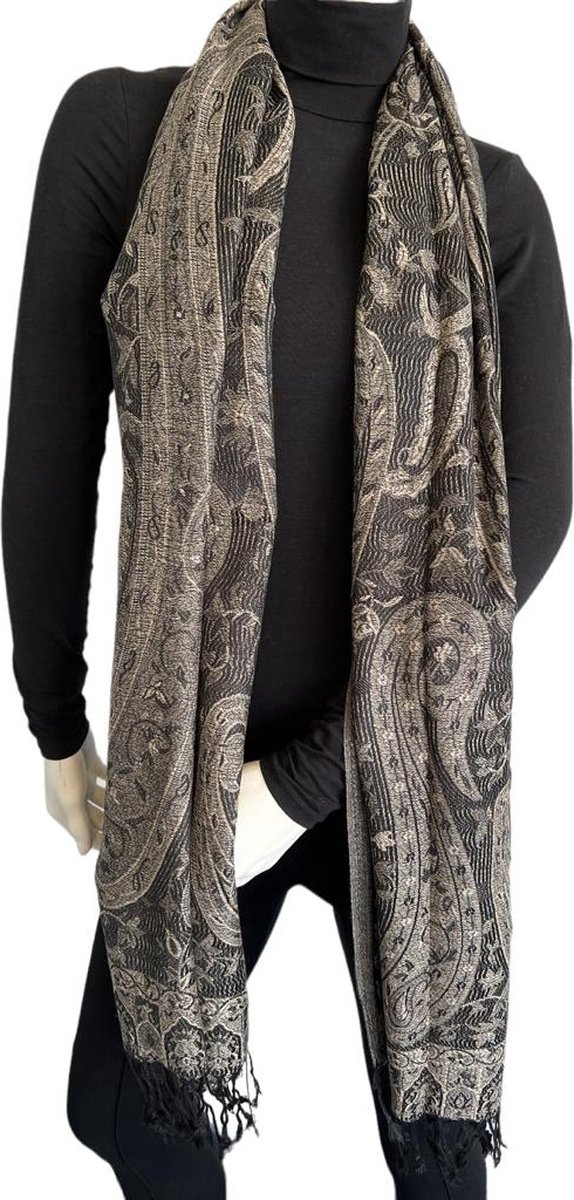 Pashmina Sjaal- Fashion Sjawl Pareo Omslagdoek- Fijn geweven Sjaal 206/9- Zwart met Grijs Details
