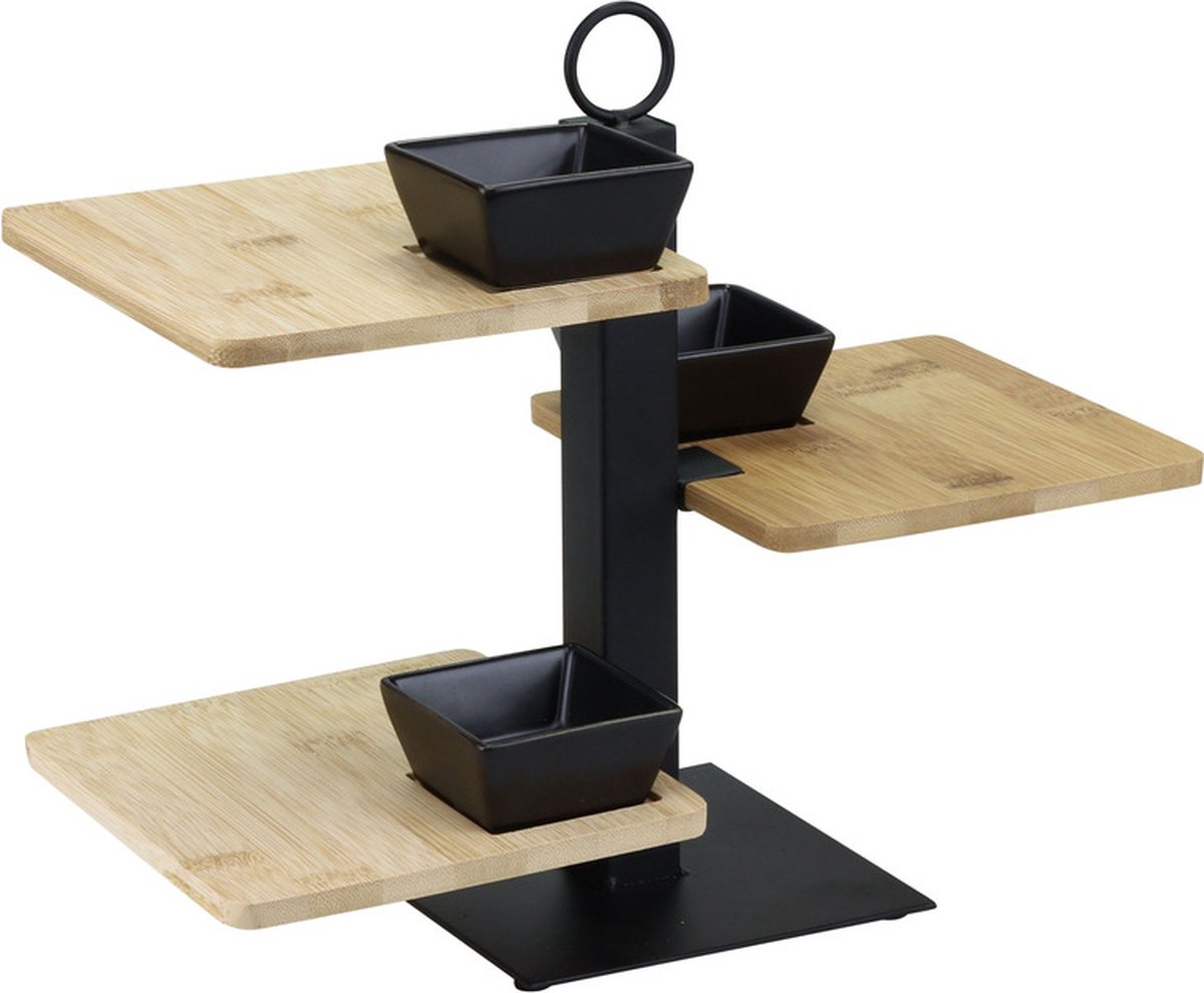 Bamboe serveerplateau/etagere 3 laags 26 cm - Bamboe serveertray met 3 plankjes - High tea etagere bamboe/keramiek