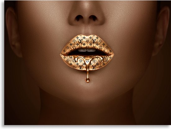 PosterGuru - Canvas Schilderij Golden Woman - LV - Gouden Lippen - 100 x 75 cm