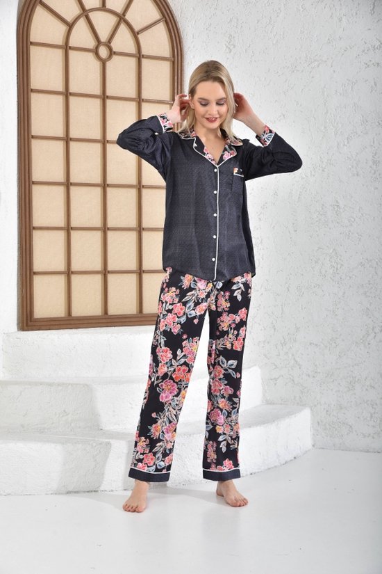 Satijn Dames 2- Delige -Pyjama- Luxe Pyjamaset- Nachtkleding Zwart Bloemen Print Maat M