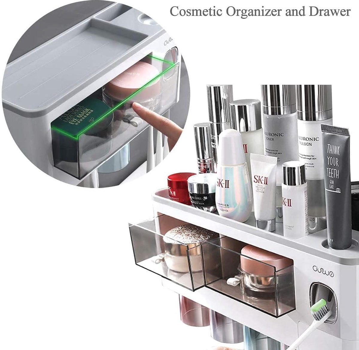 Distributeur Automatique De Dentifrice TuCao Avec Support Brosse à Dents - 6 Emplacements + 2 Tasses Magnétiques - Fixation Murale Adhésive