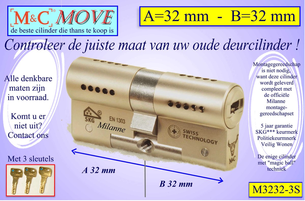 M&C MOVE - High-tech Security deurcilinder - SKG*** - 32x32 mm - Politiekeurmerk Veilig Wonen - inclusief gereedschap MilaNNE montageset