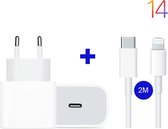 Quick Charge USB-C Oplader + Kabel 2M - geschikt voor Apple iPhone 14/13/12/11 - Lader - 20W USB-C stekker - BSTNL snellader - Cadeau