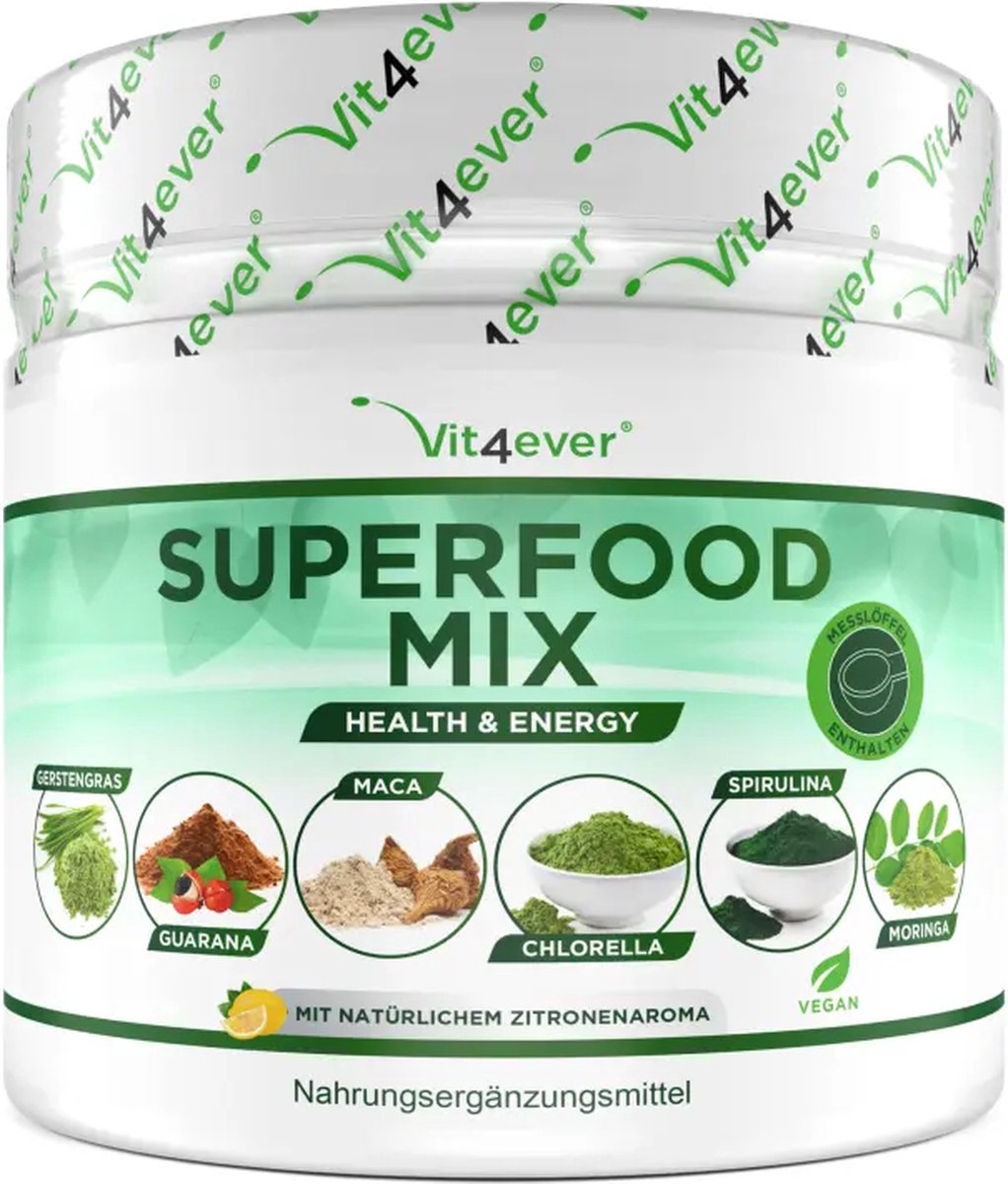 Green Juice Superfoods Mix – 420 gr poeder (shake) – met gerstengras, guarana, maca, chlorella, Spirulina, Moringa – 100% natuurlijke power smoothie – met citroenaroma – veganistisch | Vit4ever - Vit4ever