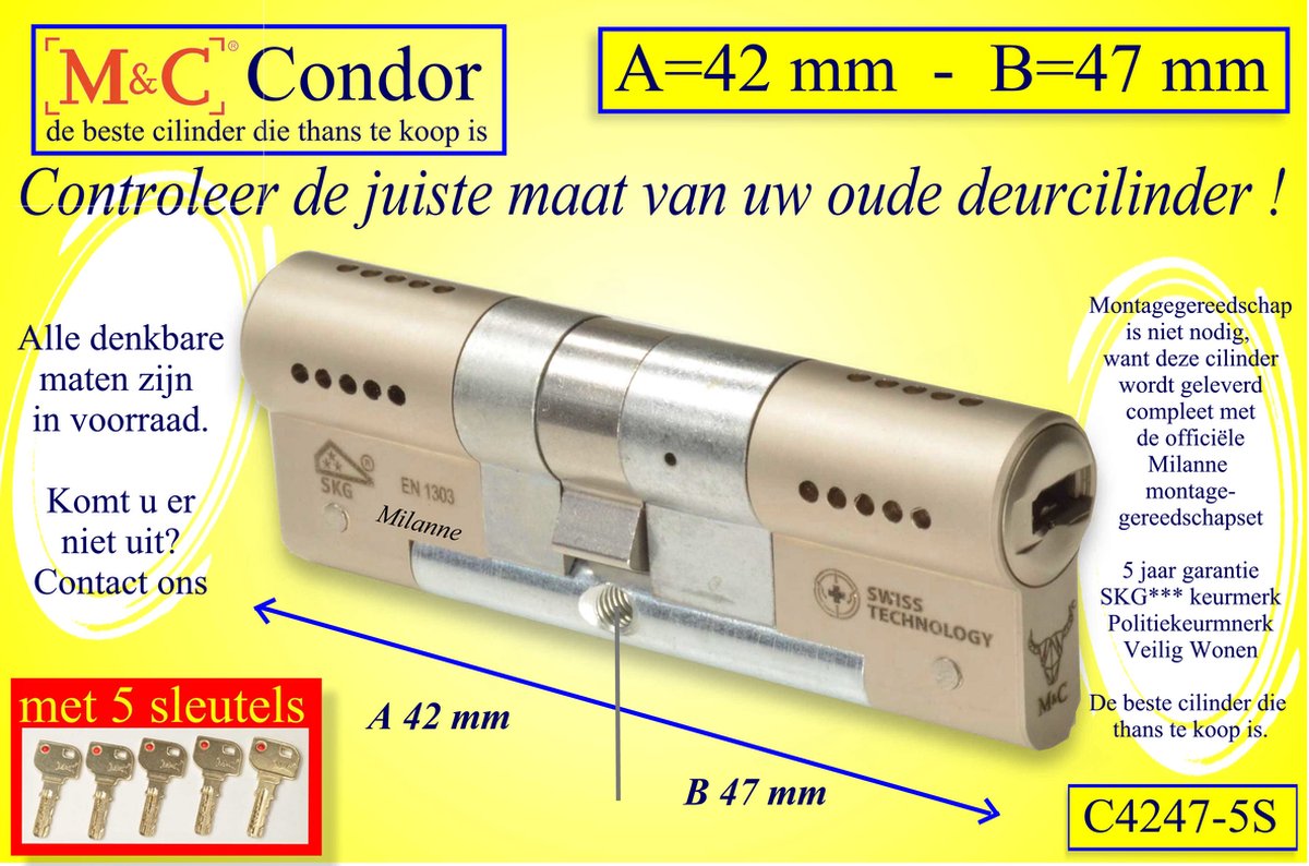 M&C Conder high-tech security deurcilinder 42x47 mm MET 5 SLEUTELS - SKG*** - Politiekeurmerk Veilig Wonen - inclusief MilaNNE gereedschap montageset