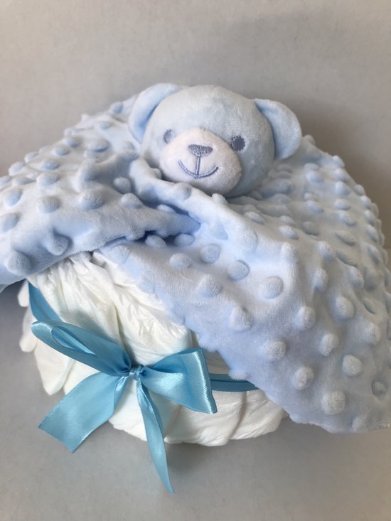 Foto: Luiertaart small jongen met knuffeldoekje kraamcadeau babyshower kraamfeest