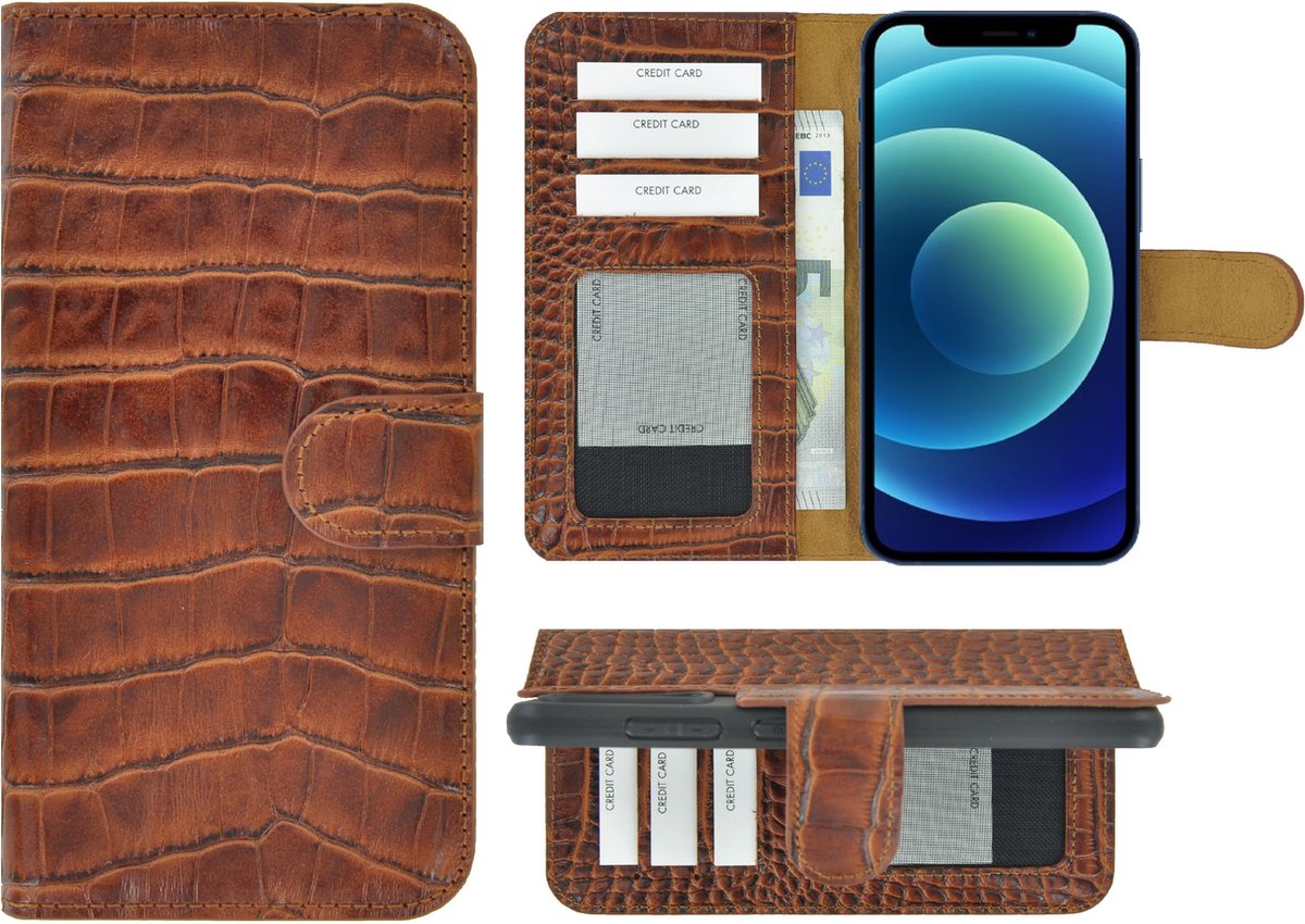MoDo hoesje voor iPhone 14 Plus - Leer Book Case - Croco kaneelbruin