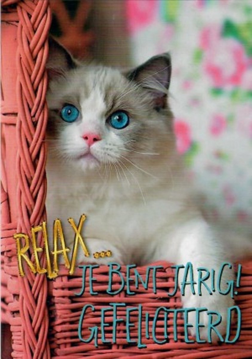 Relax, je bent jarig! Van harte gefeliciteerd! Een leuke kaart voor de echte kattenliefhebbers! Een leuke kaart om zo te geven of om bij een cadeau te voegen. Een dubbele wenskaart inclusief envelop en in folie verpakt.