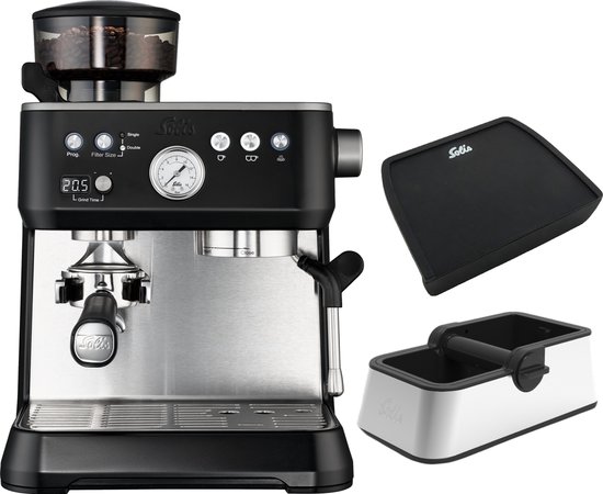 Solis Grind & Infuse Perfetta 1019 - Pistonmachine - Espressomachine met Koffiemolen - Inclusief Coffee Knock Box en Tamping Mat - Zilver