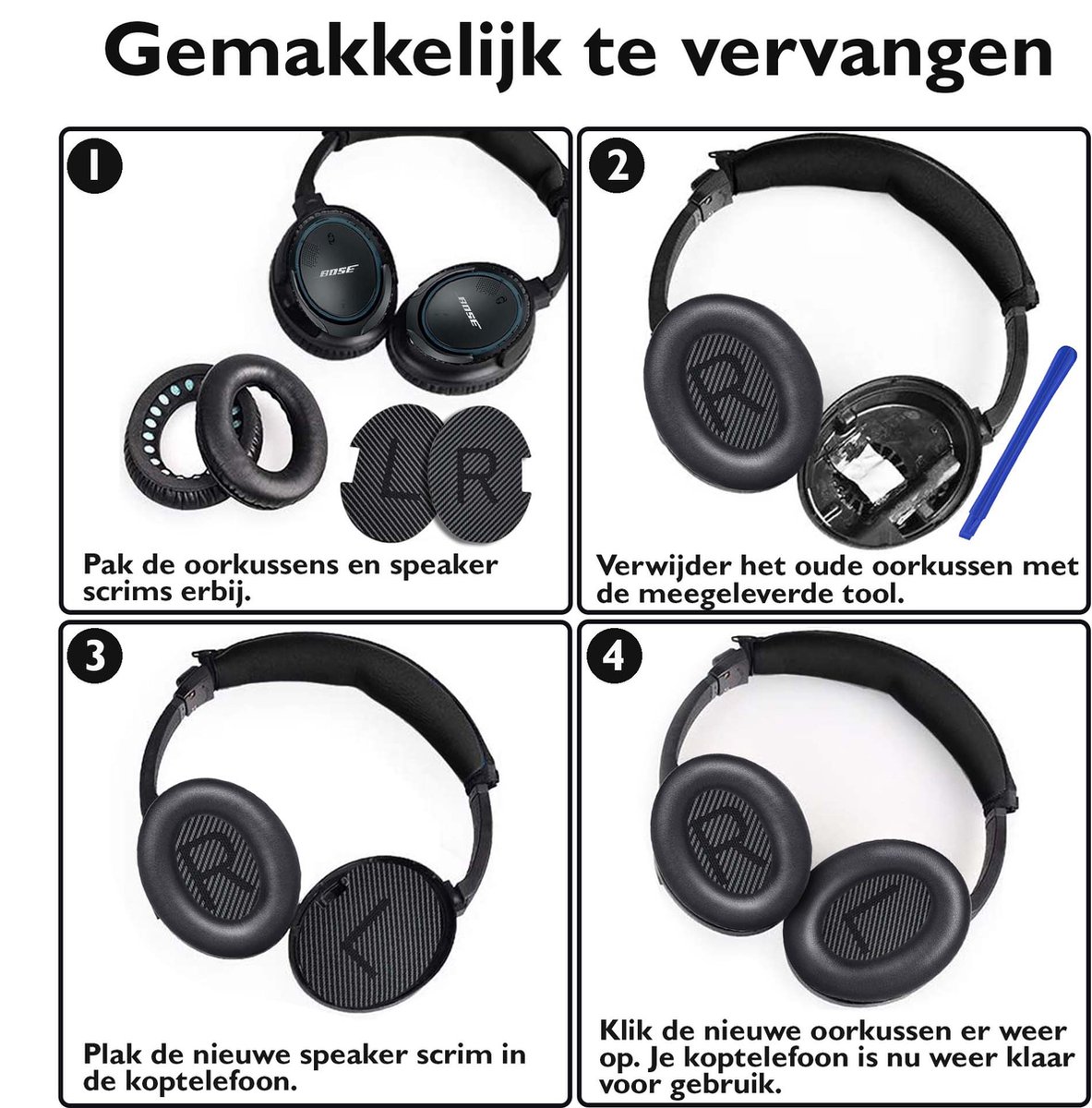 Set Oorkussens voor Bose Koptelefoon met installatie gereedschap - Zwart - QuietComfort 35 - QC35II - QC35 - QC25 - QC15 - QC2 - Soundtrue - Soundlink Around-Ear II AE2 – foto 5