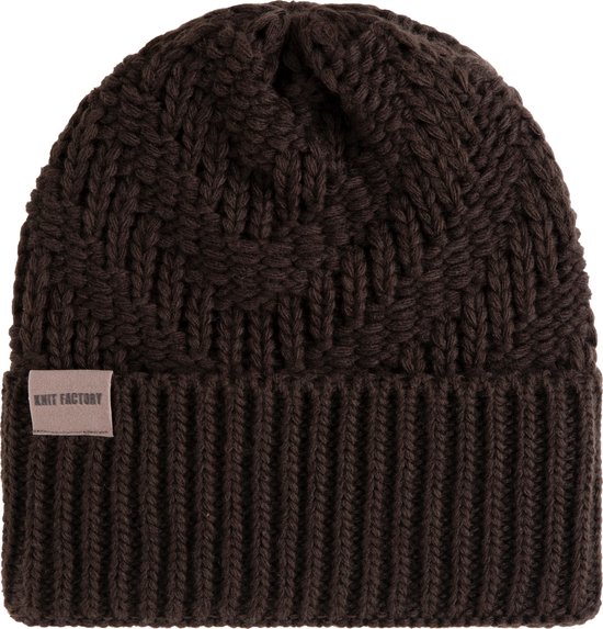 Knit Factory Sally Gebreide Muts Heren & Dames - Beanie hat - Donkerbruin - Grofgebreid - Warme bruine Wintermuts - Unisex - One Size